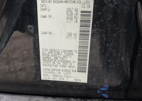 2016 Nissan Altima 2.5/2.5 S/2.5 Sl/2.5 Sr/2.5 Sv z USA, uszkodzony, nr VIN 1N4AL3AP2GN330234